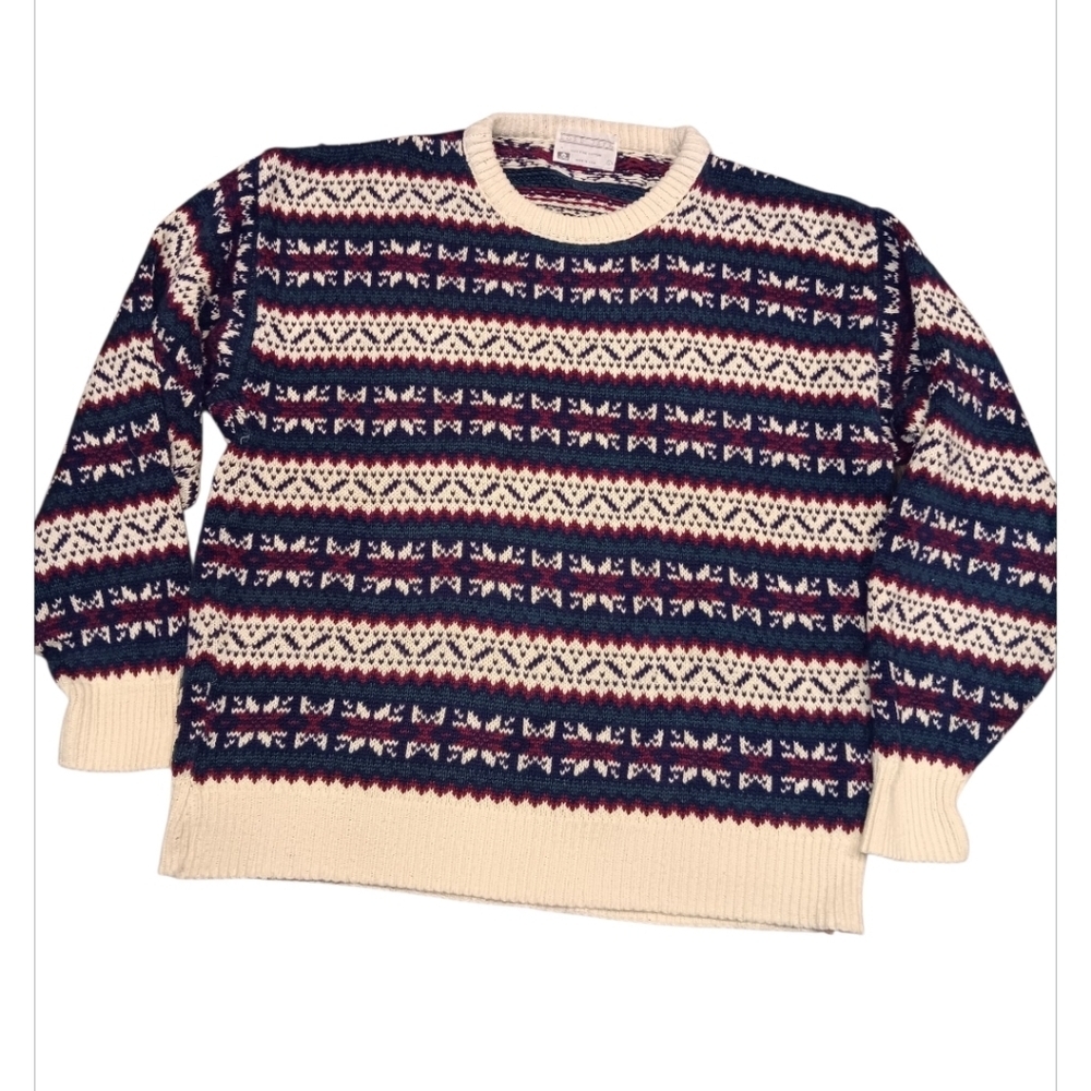 90s Lord Jeff Men's Navy and Cream Patterned Crewneck Sweater Sz L